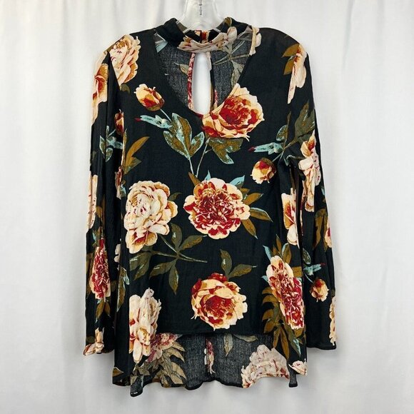AUDREY 3+1 Womens Multicolor Floral Keyhole Neck Long Sleeve Tunic Blouse Sz S/M - Picture 1 of 9